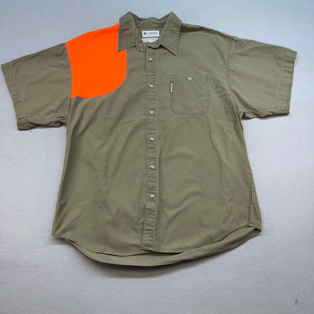 Columbia Mens Short Sleeve Hunting Shirt Blaze Orange Patch Olive Green Sz L